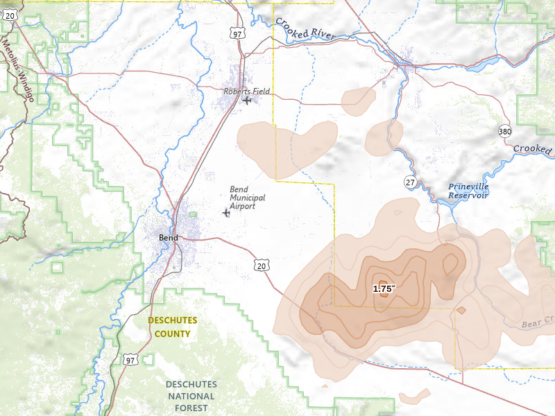 Radar-estimated hail-size map of the storm over Bend, OR on May 28, 2026
