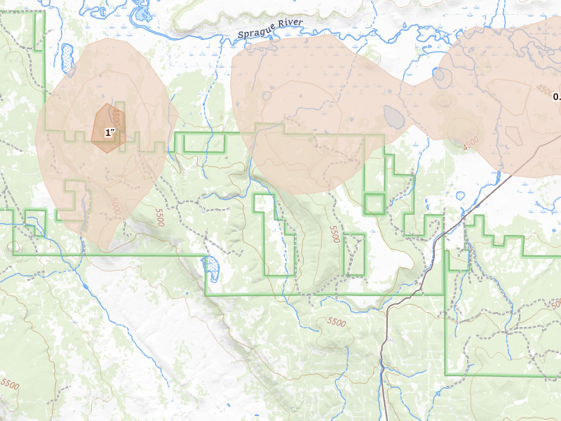 Radar-estimated hail-size map of the storm over Bonanza, OR on Jul 5, 2026