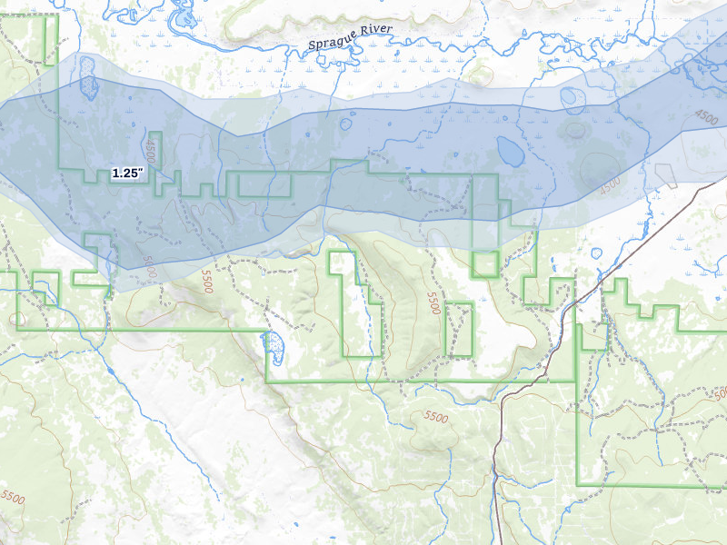 NEXRAD radar-signature map of the hail storm over Bonanza, OR on Jul 5, 2026
