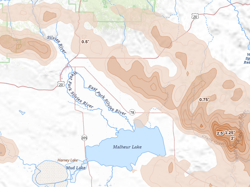 Radar-estimated hail-size map of the storm over Burns, OR on May 28, 2026