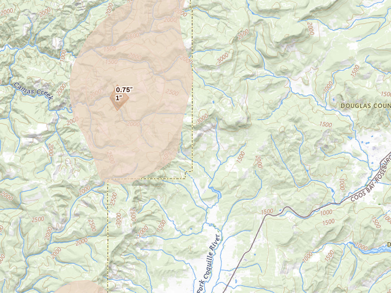 Radar-estimated hail-size map of the storm over Camas Valley, OR on Apr 9, 2026