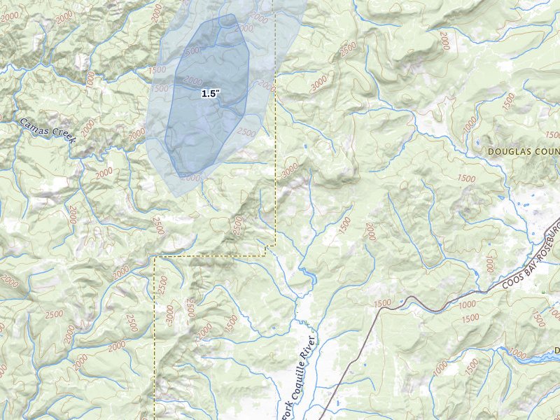 NEXRAD radar-signature map of the hail storm over Camas Valley, OR on Apr 9, 2026