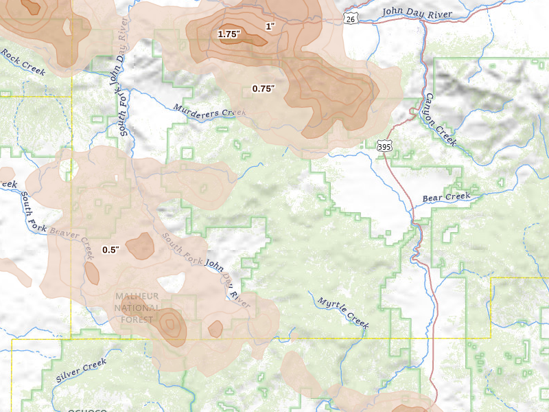 Radar-estimated hail-size map of the storm over Canyon City, OR on May 28, 2026