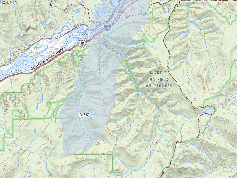 NEXRAD radar-signature map of the hail over Cascade Locks, OR