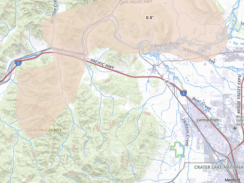 Radar-estimated hail-size map of the storm over Central Point, OR on May 3, 2026