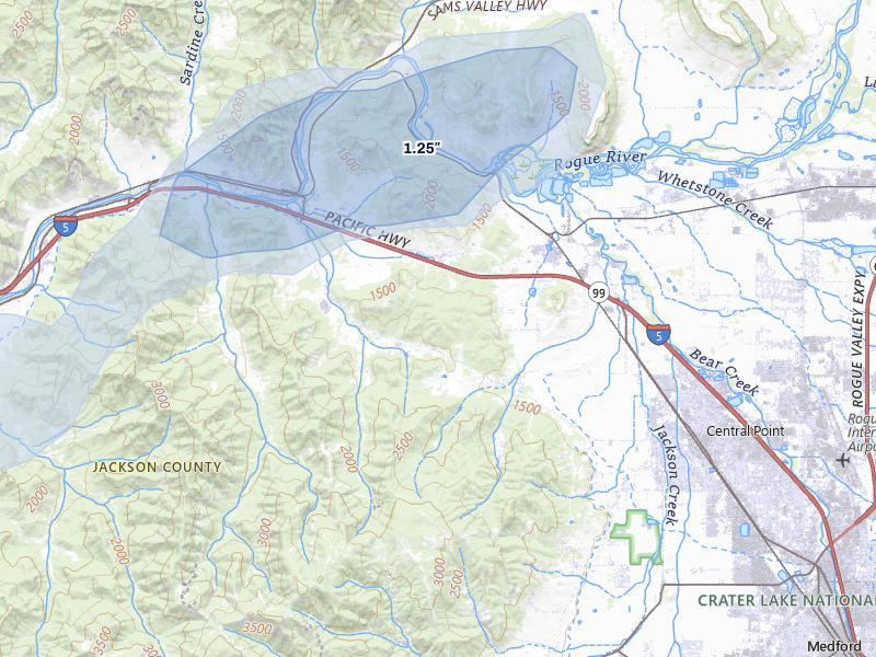 NEXRAD radar-signature map of the hail storm over Central Point, OR on May 3, 2026