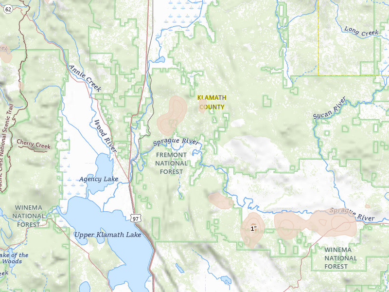 Radar-estimated hail-size map of the storm over Chiloquin, OR on Jul 5, 2026