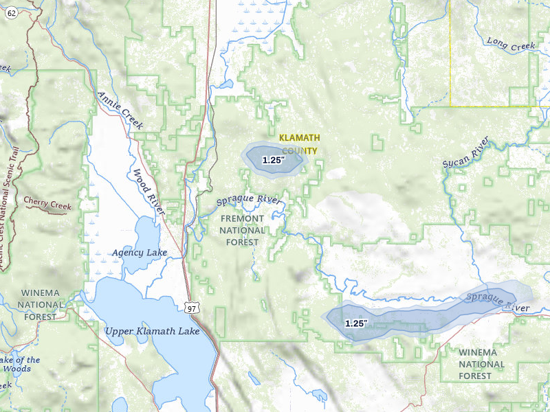 NEXRAD radar-signature map of the hail storm over Chiloquin, OR on Jul 5, 2026