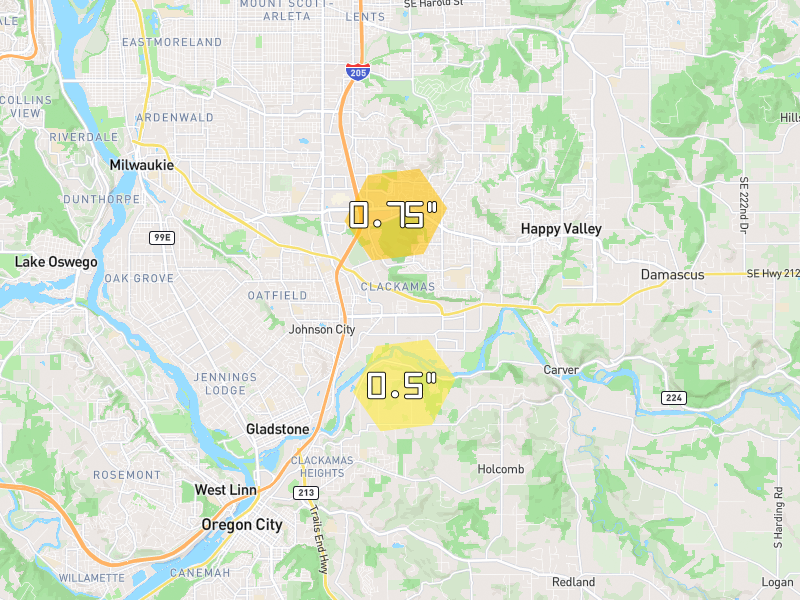 Hail map of Clackamas, OR on Jul 23, 2026, hail up to 0.75"