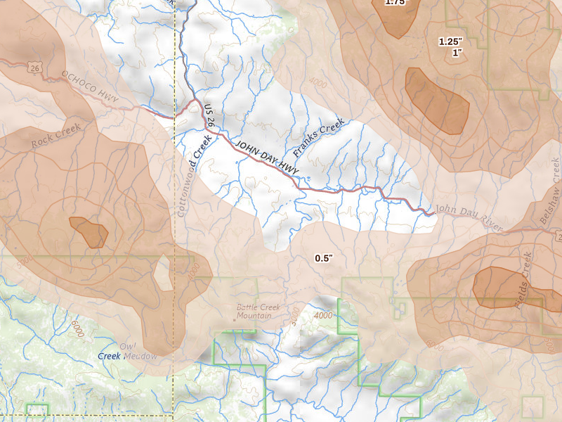 Radar-estimated hail-size map of the storm over Dayville, OR on May 28, 2026
