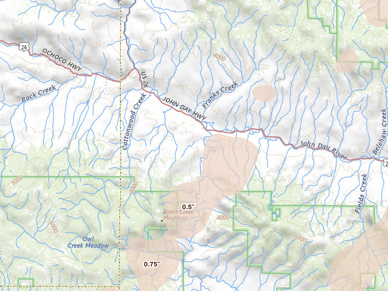 Radar-estimated hail-size map of the storm over Dayville, OR on Jul 15, 2026