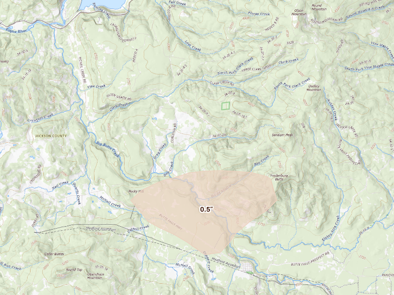 Radar-estimated hail-size map of the storm over Eagle Point, OR on Sep 16, 2026