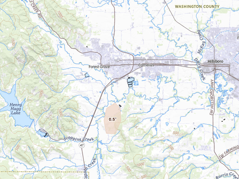 Radar-estimated hail-size map of the storm over Forest Grove, OR on Jul 22, 2026