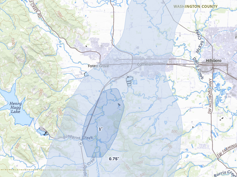 NEXRAD radar-signature map of the hail over Forest Grove, OR