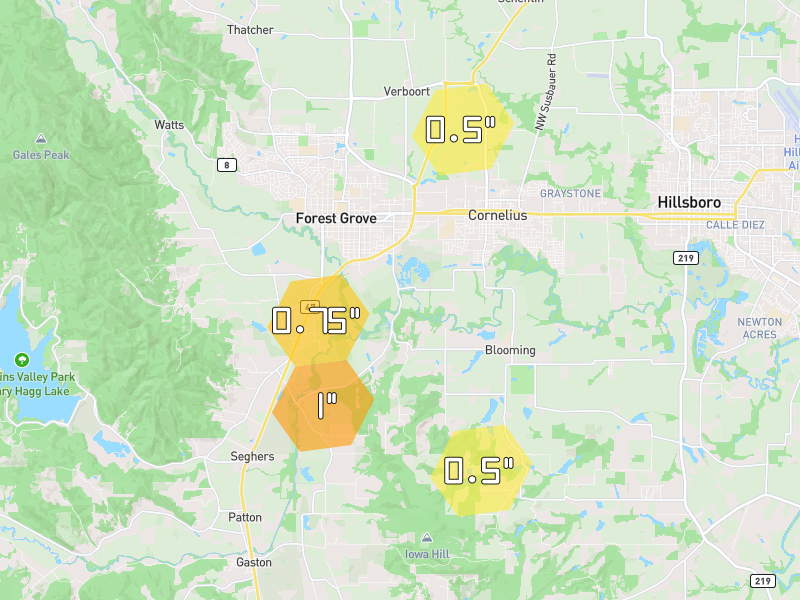 Hail map of Forest Grove, OR on Jul 22, 2026, hail up to 1"