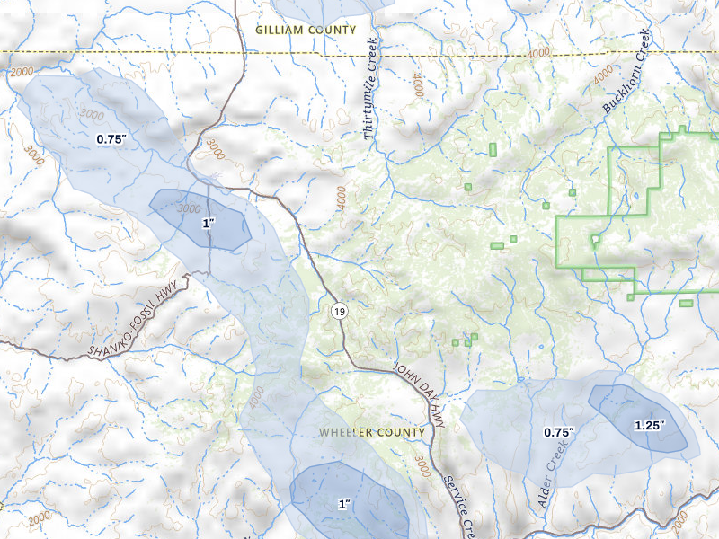 NEXRAD radar-signature map of the hail storm over Fossil, OR on May 28, 2026