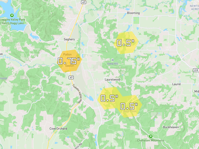 Hail map of Gaston, OR on Jul 22, 2026, hail up to 0.75"