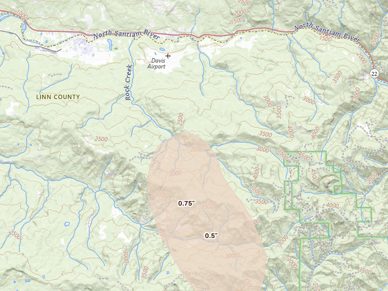 Radar-estimated hail-size map of the storm over Gates, OR on Jul 22, 2026
