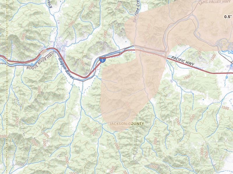 Radar-estimated hail-size map of the storm over Gold Hill, OR on May 3, 2026