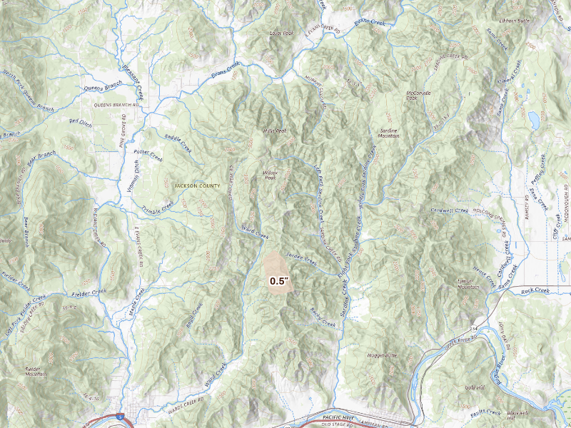 Radar-estimated hail-size map of the storm over Gold Hill, OR on Sep 16, 2026