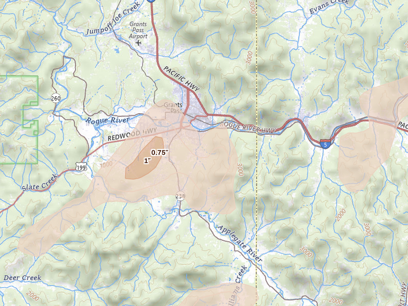 Radar-estimated hail-size map of the storm over Grants Pass, OR on May 3, 2026