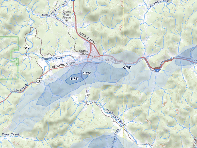 NEXRAD radar-signature map of the hail storm over Grants Pass, OR on May 3, 2026
