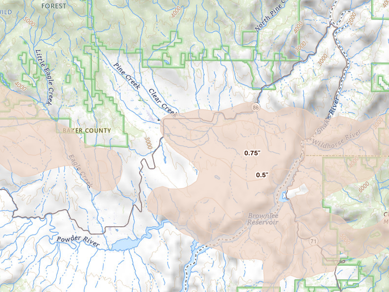 Radar-estimated hail-size map of the storm over Halfway, OR on May 28, 2026