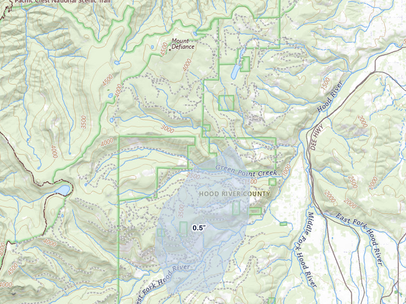NEXRAD radar-signature map of the hail over Hood River, OR