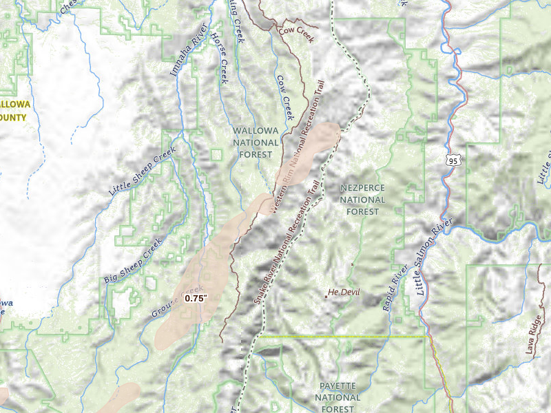 Radar-estimated hail-size map of the storm over Imnaha, OR on Jul 23, 2026