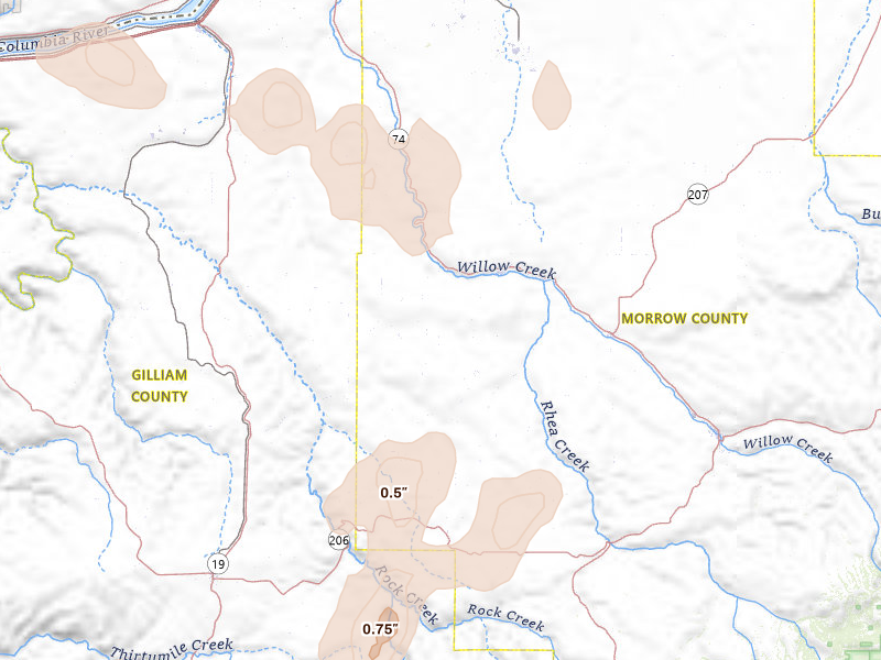 Radar-estimated hail-size map of the storm over Ione, OR on May 28, 2026