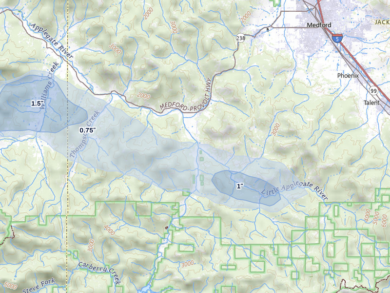 NEXRAD radar-signature map of the hail storm over Jacksonville, OR on May 3, 2026