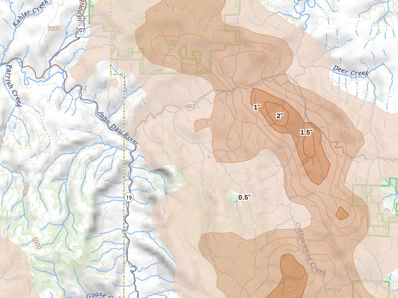 Radar-estimated hail-size map of the storm over Kimberly, OR on May 28, 2026