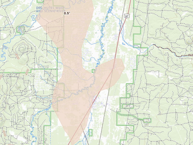 Radar-estimated hail-size map of the storm over La Pine, OR on Jul 22, 2026
