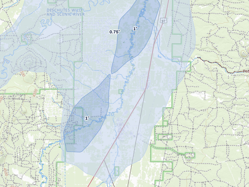 NEXRAD radar-signature map of the hail storm over La Pine, OR on Jul 22, 2026