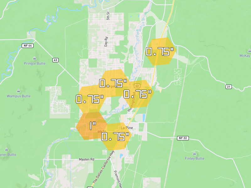 Hail map of La Pine, OR on Jul 22, 2026, hail up to 1"