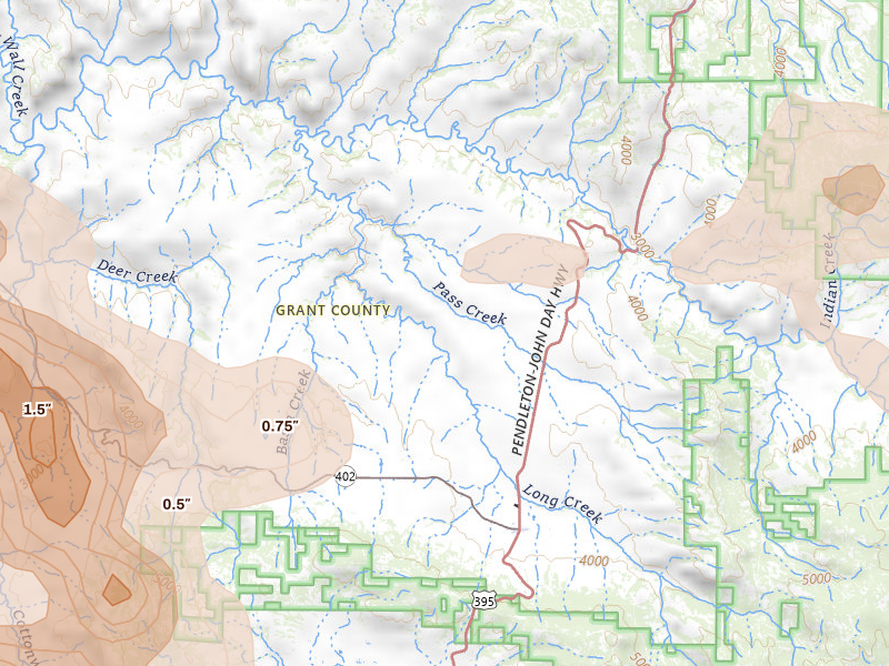 Radar-estimated hail-size map of the storm over Long Creek, OR on May 28, 2026