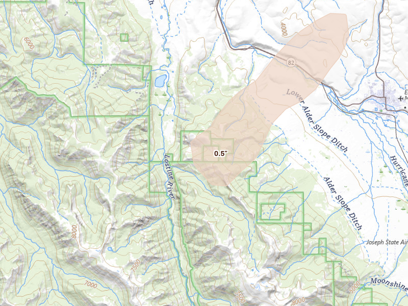 Radar-estimated hail size over Lostine, OR on Aug 15, 2026
