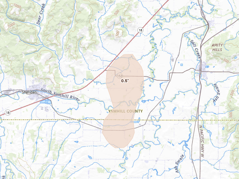 Radar-estimated hail-size map of the storm over Mcminnville, OR on Jul 22, 2026