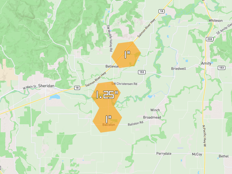 Hail map of McMinnville, OR on Jul 22, 2026, hail up to 1.25"
