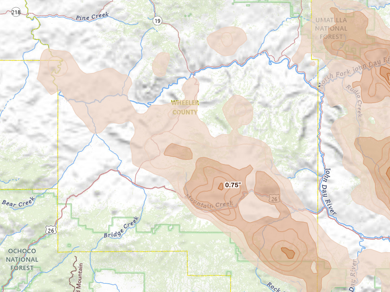 Radar-estimated hail-size map of the storm over Mitchell, OR on May 28, 2026