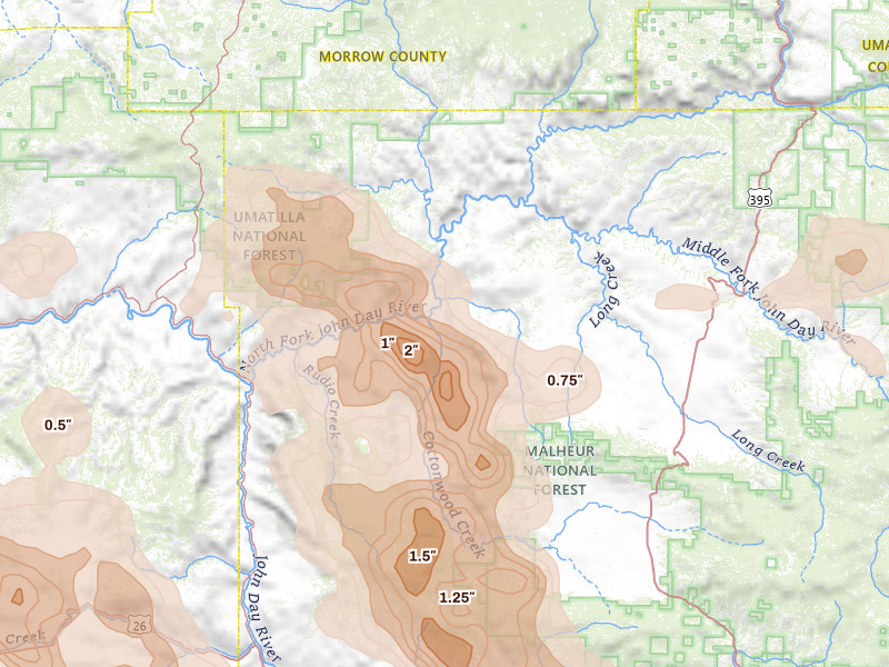 Radar-estimated hail-size map of the storm over Monument, OR on May 28, 2026