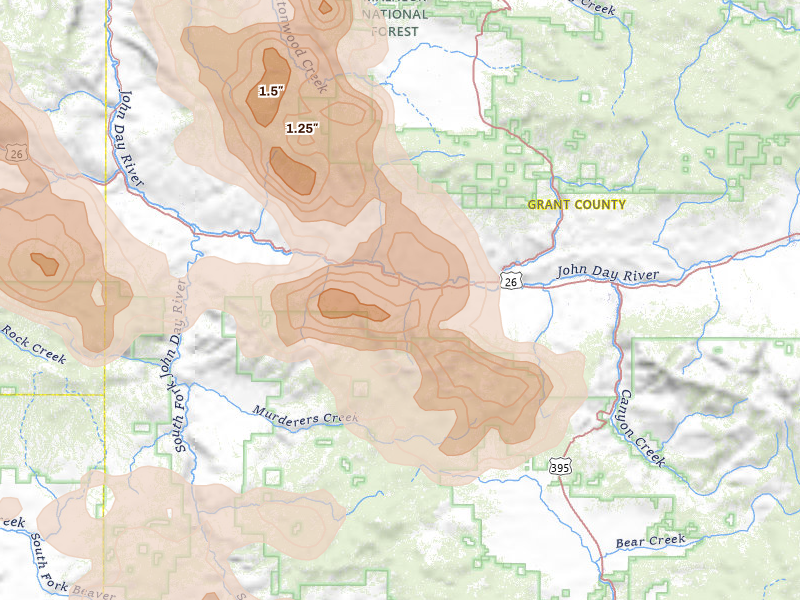 Radar-estimated hail-size map of the storm over Mount Vernon, OR on May 28, 2026