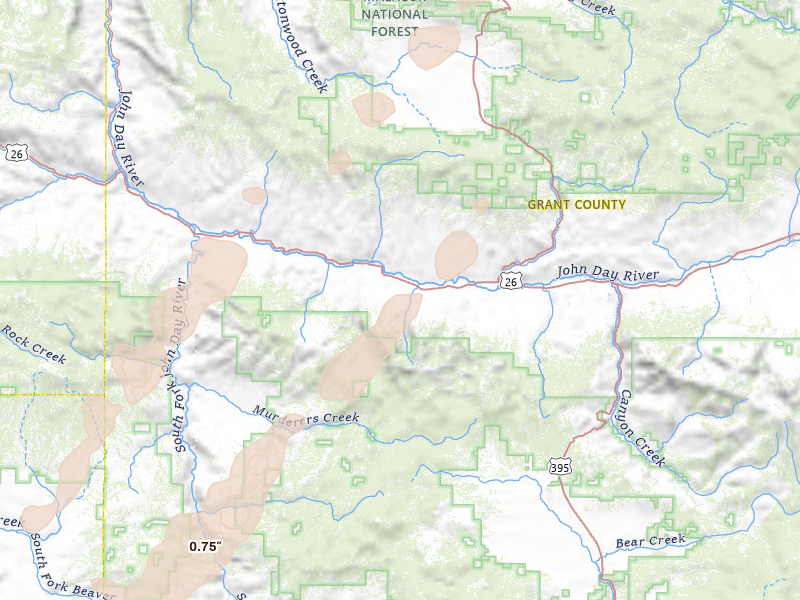 Radar-estimated hail-size map of the storm over Mount Vernon, OR on Jul 15, 2026