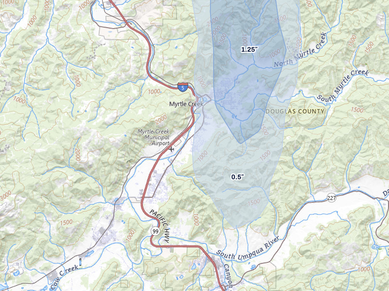 NEXRAD radar-signature map of the hail storm over Myrtle Creek, OR on Apr 9, 2026