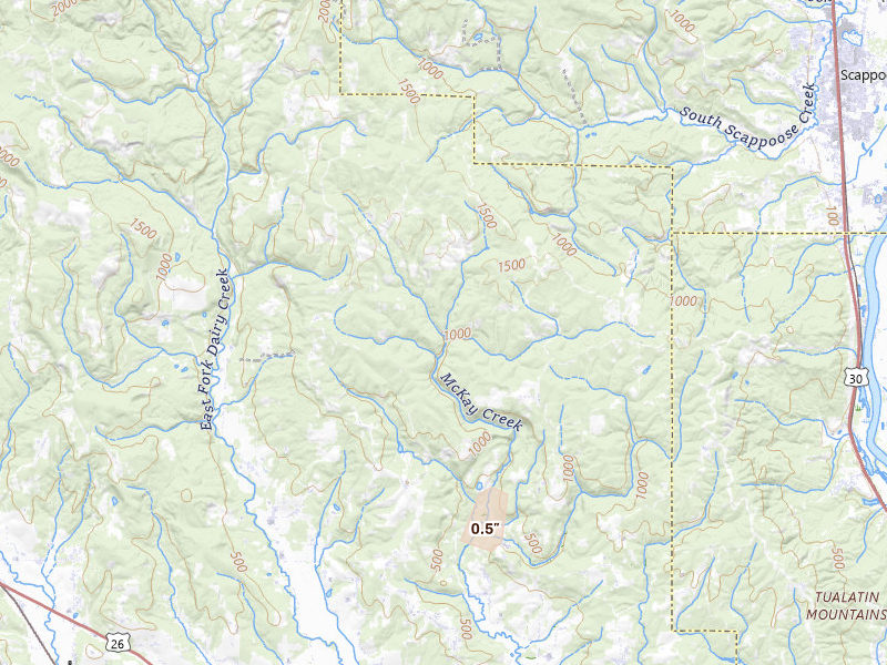 Radar-estimated hail-size map of the storm over North Plains, OR on Jul 22, 2026