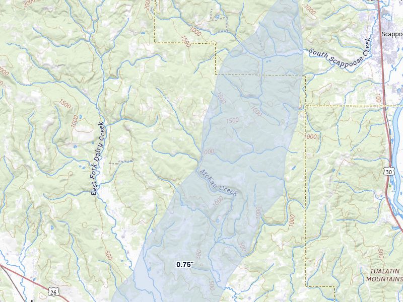 NEXRAD radar-signature map of the hail over North Plains, OR