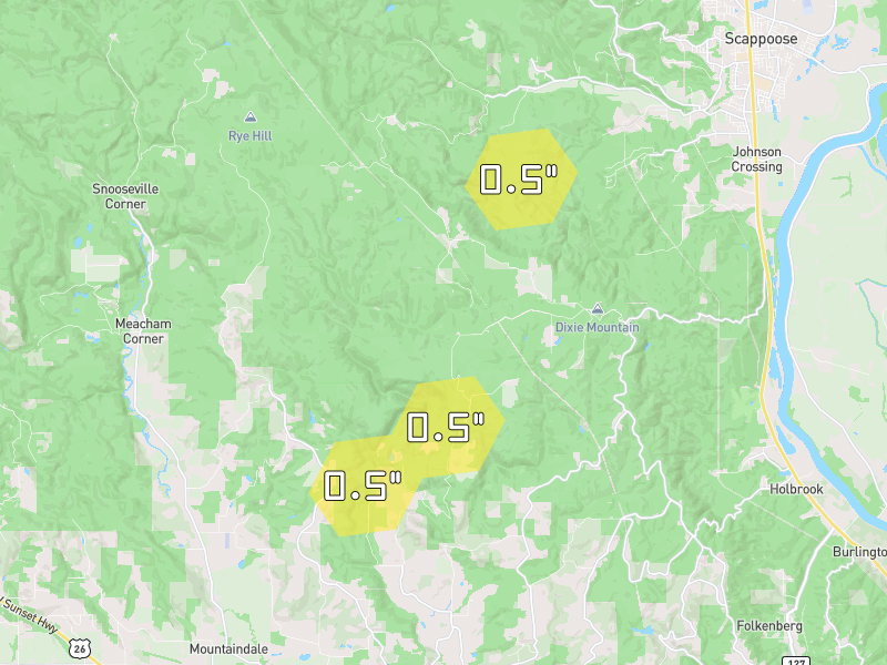 Hail map of North Plains, OR on Jul 22, 2026, hail up to 0.5"
