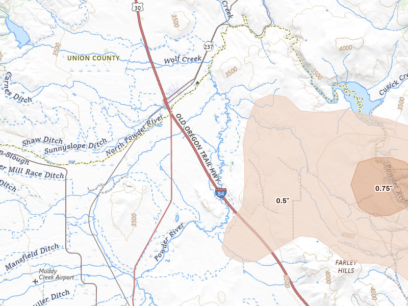 Radar-estimated hail-size map of the storm over North Powder, OR on May 28, 2026