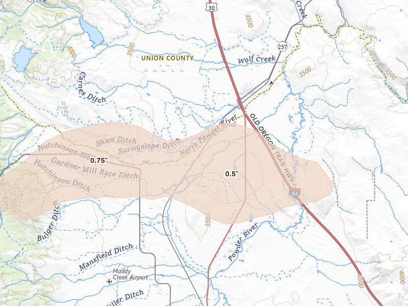 Radar-estimated hail-size map of the storm over North Powder, OR on Aug 14, 2026