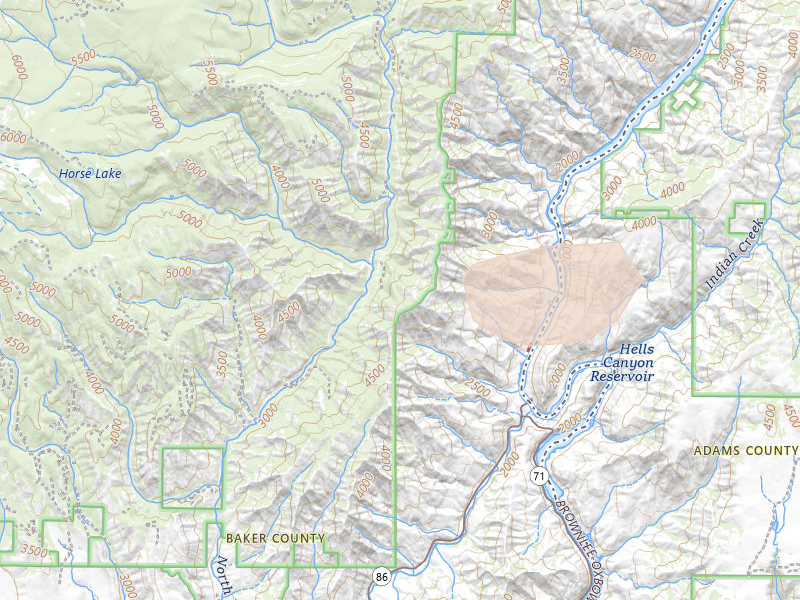 Radar-estimated hail-size map of the storm over Oxbow, OR on Jul 23, 2026